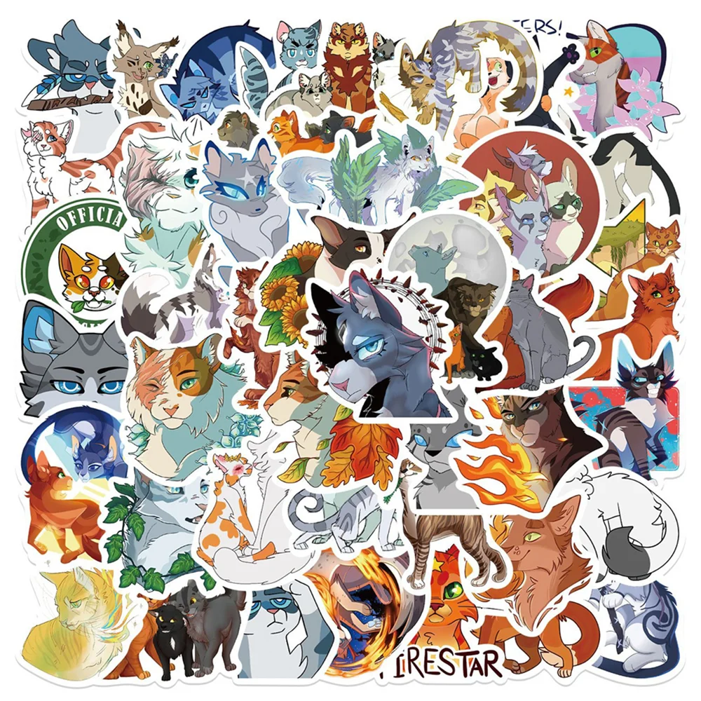 52pcs Cat Warrior Stickers For Laptop Scrapbook Stationery Ipad Scrapbooking Material Vintage Craft Supplies Anime Sticker Pack