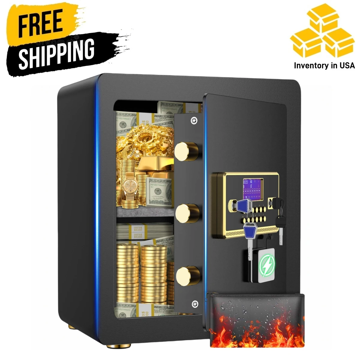 BESAFETY 2.8 Cuft Safe Box, LCD Screen, Home Security With A-Level Fireproof Waterproof Bag & Adjustable Shelf