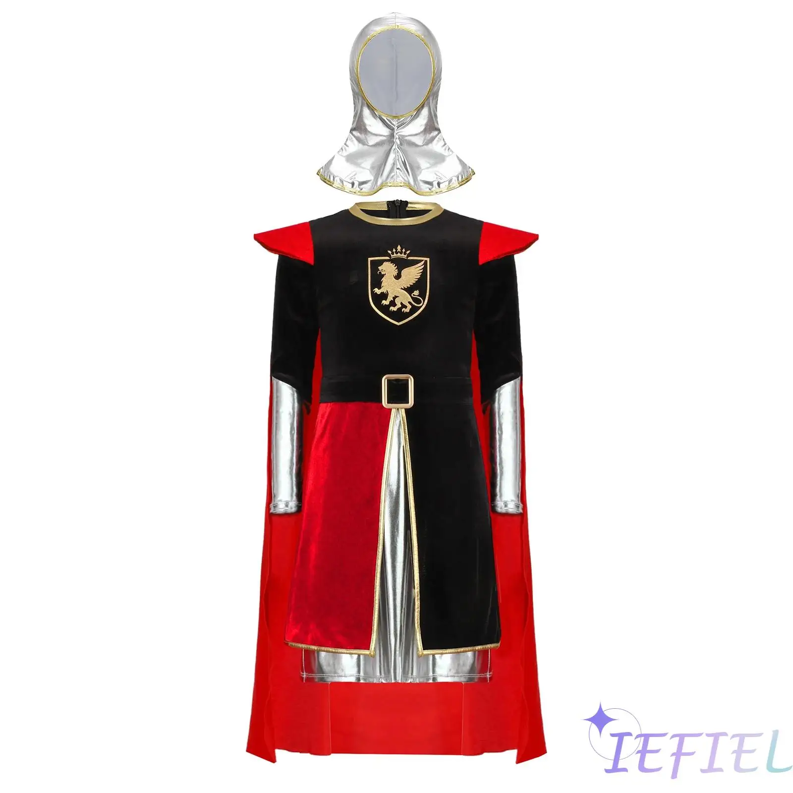 

Kids Boys Knight Halloween Costume Metallic Gloss Print Mock Neck Long Sleeve Invisible Zipper Top with Detachable Cape And Coif
