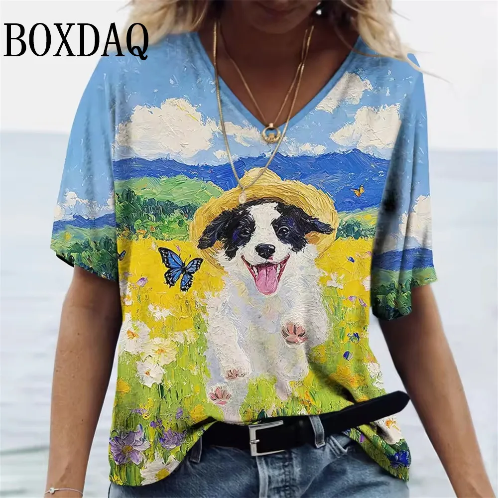 タイダイ染め油絵柄レディースTシャツ、プラスサイズ、夏、半袖、ルーズトップス、大きいサイズ、カジュアルファッション、Vネックプルオーバートップス、8XL