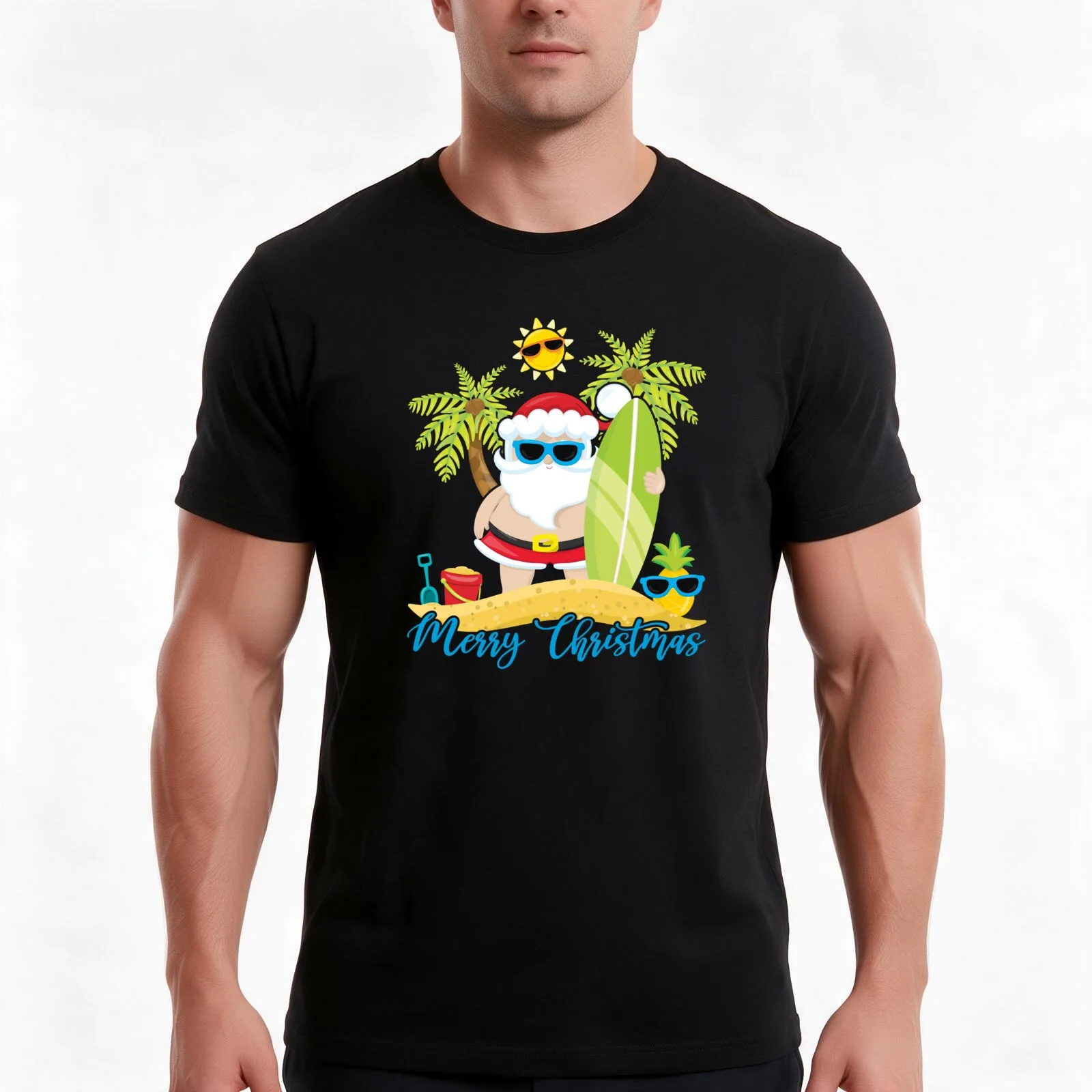 Christmas In July Santa Summer Surfing Beach Surf Hawaiian T-Shirt, Summer Casual Cotton Tee, Oversized Streetwear Tops