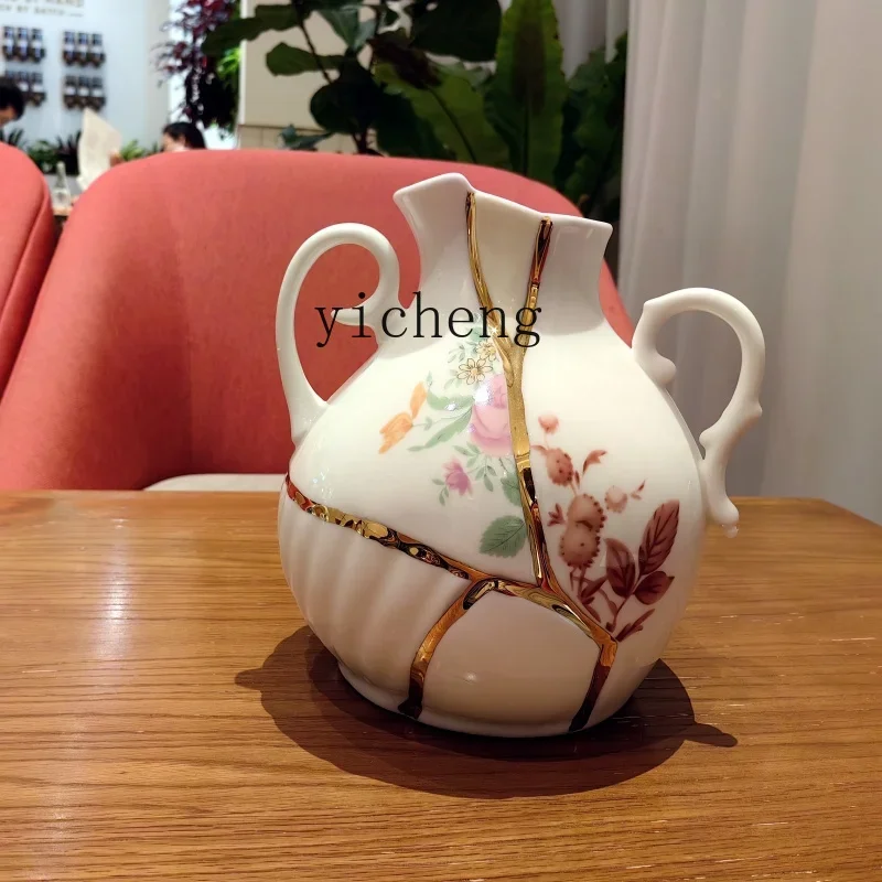 splicing gold repair ceramic vase medieval light luxury dining table creative gift insert hydroponic flower height device