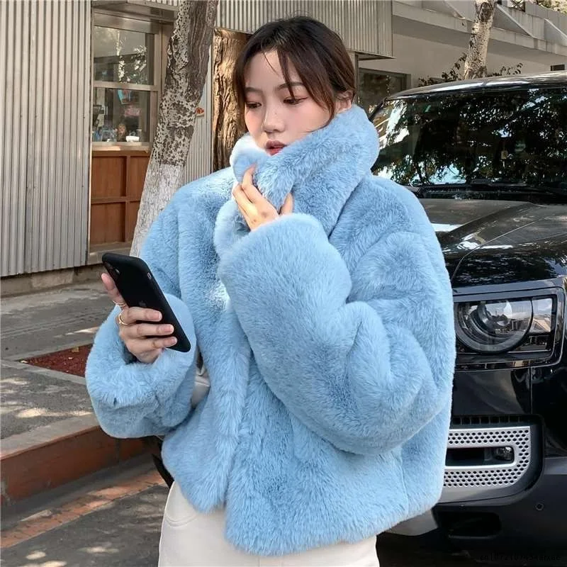 

Keep warm Women Winter Blue Big Lapel Hairy Faux Rabbit Fur Jackets Vintage Furry Oversized Coat Short Outerwear