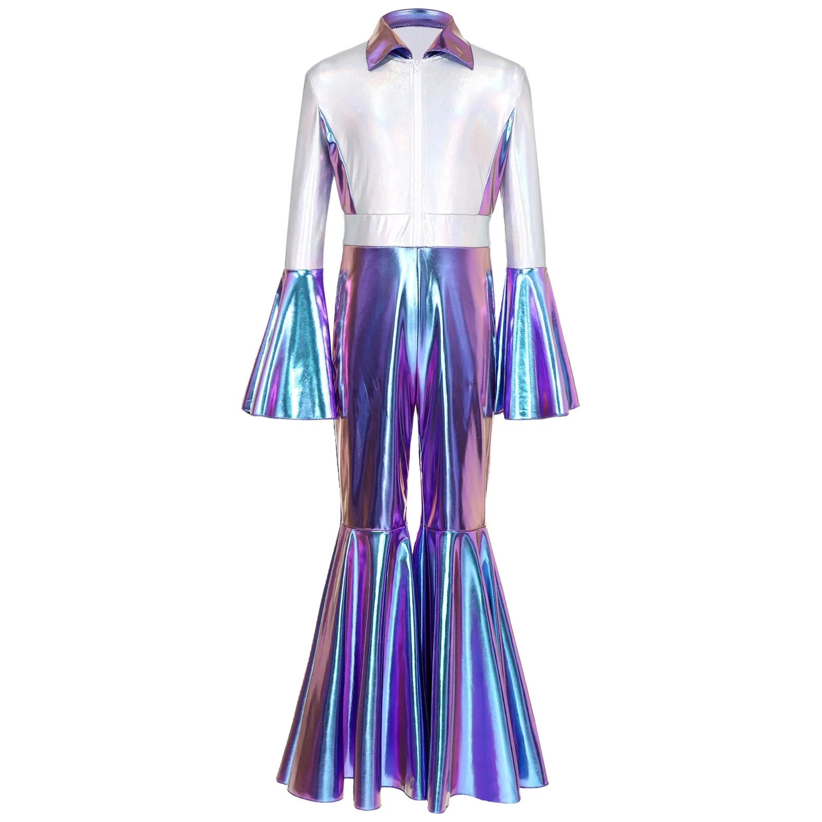 Girls 70s 80s Disco Dance Jumpsuit Metallic Gloss Contrast Color Turn-Down Collar Long Bell Sleeve Long Leg Flare Pants Rompers
