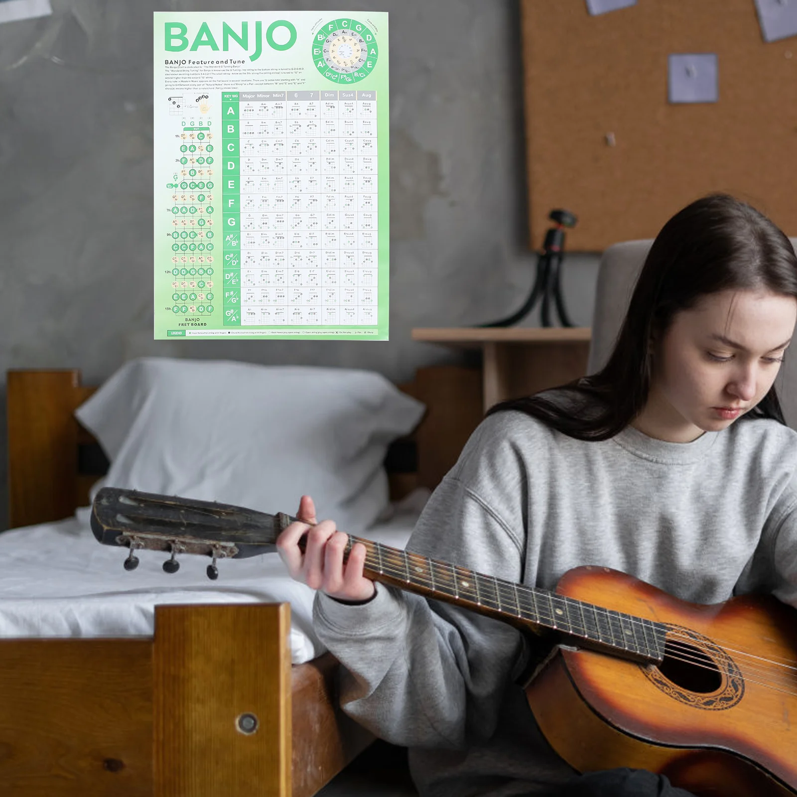 Banjo Chart Beginner Chord Portable Poster for Learning Large Paper Green Music Theory