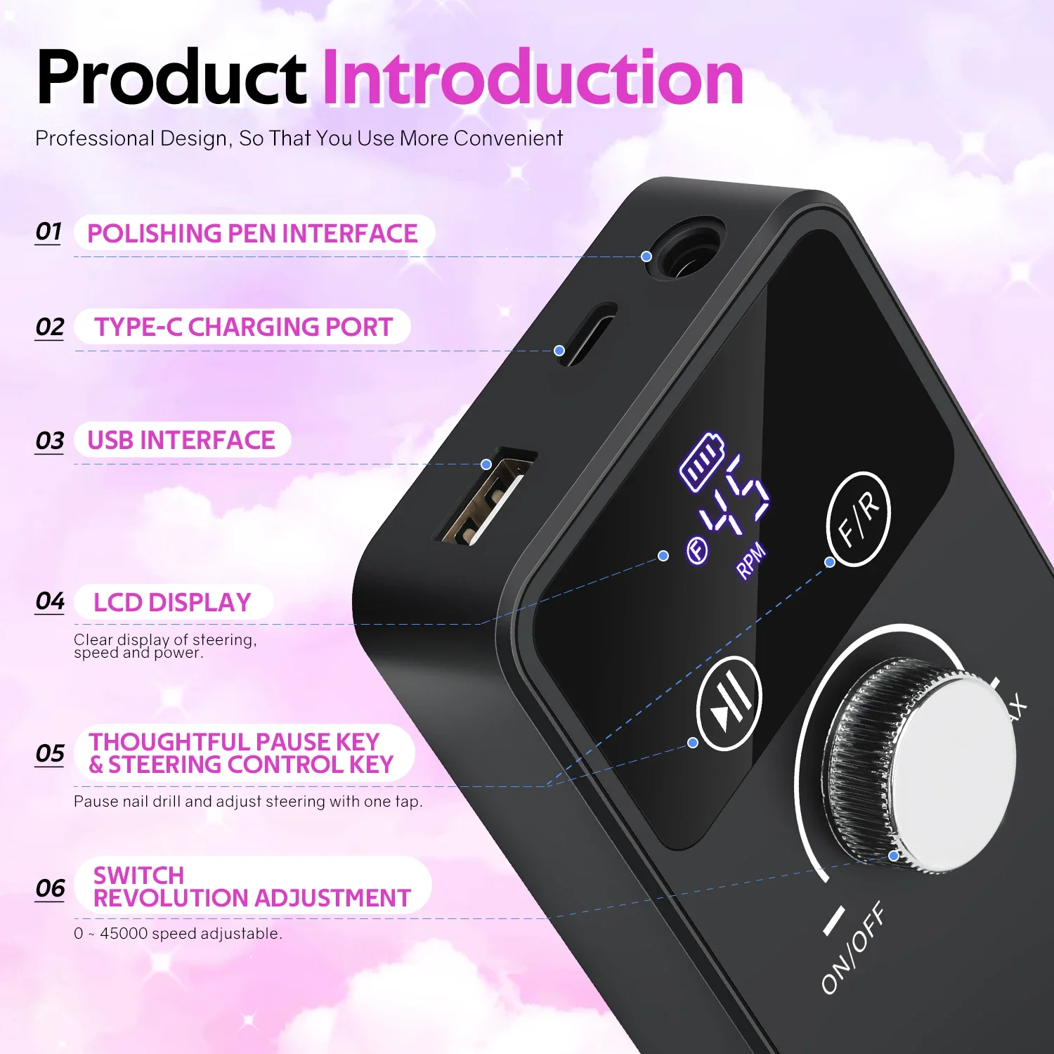 45000RPM Electric Nail Drill Machine Rechargeable Milling Cutter Professional Portable Nail Sander for Manicure Gel Remover Tool