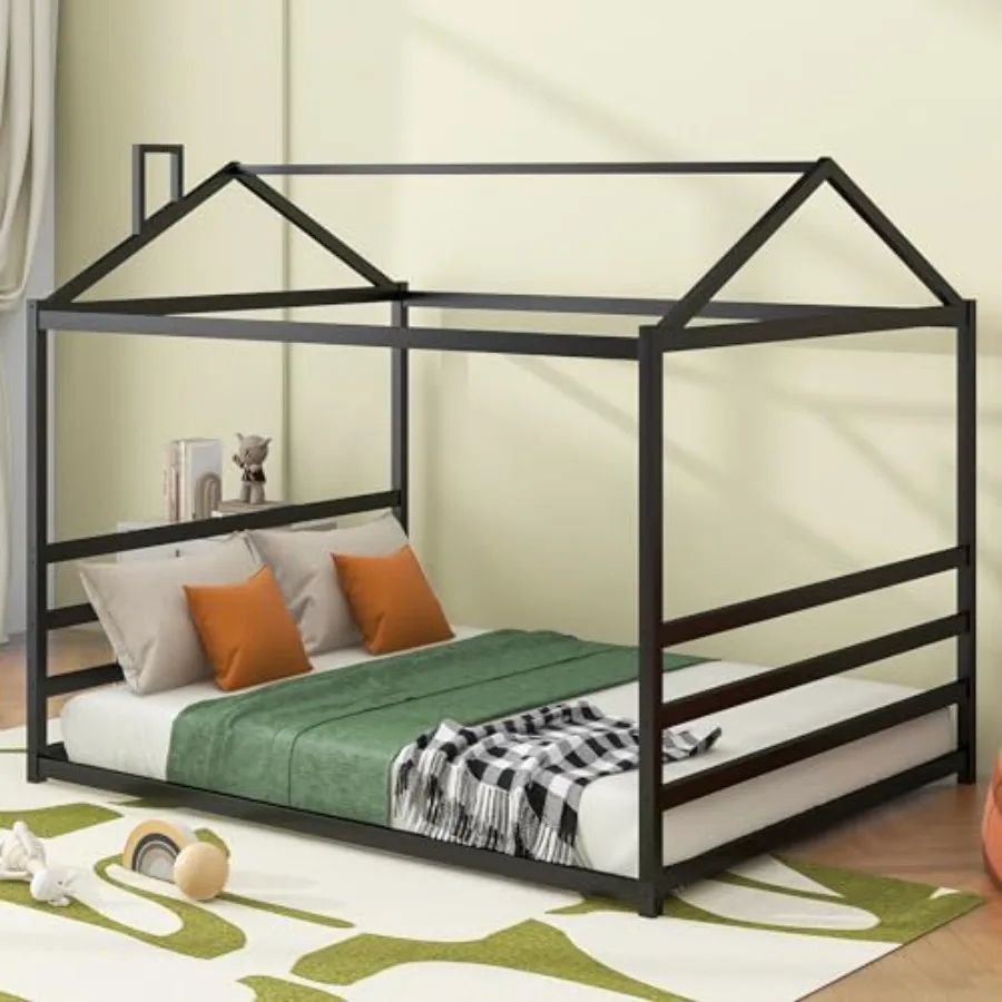 

House Shape Queen Size Floor Bed Metal Platform Frame Bedroom Decoratable Tent Bed for Boys Girls Black-QF