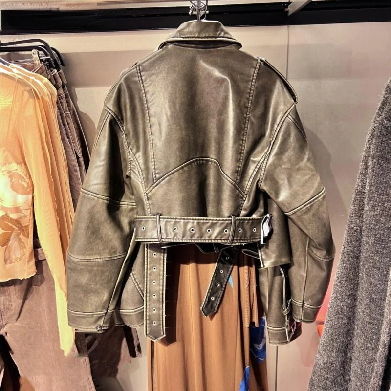 Blouson en cuir femme, court, à manches longues, avec ceinture à revers, avec poches et fermeture éclair, à la mode, pour moto, 2023