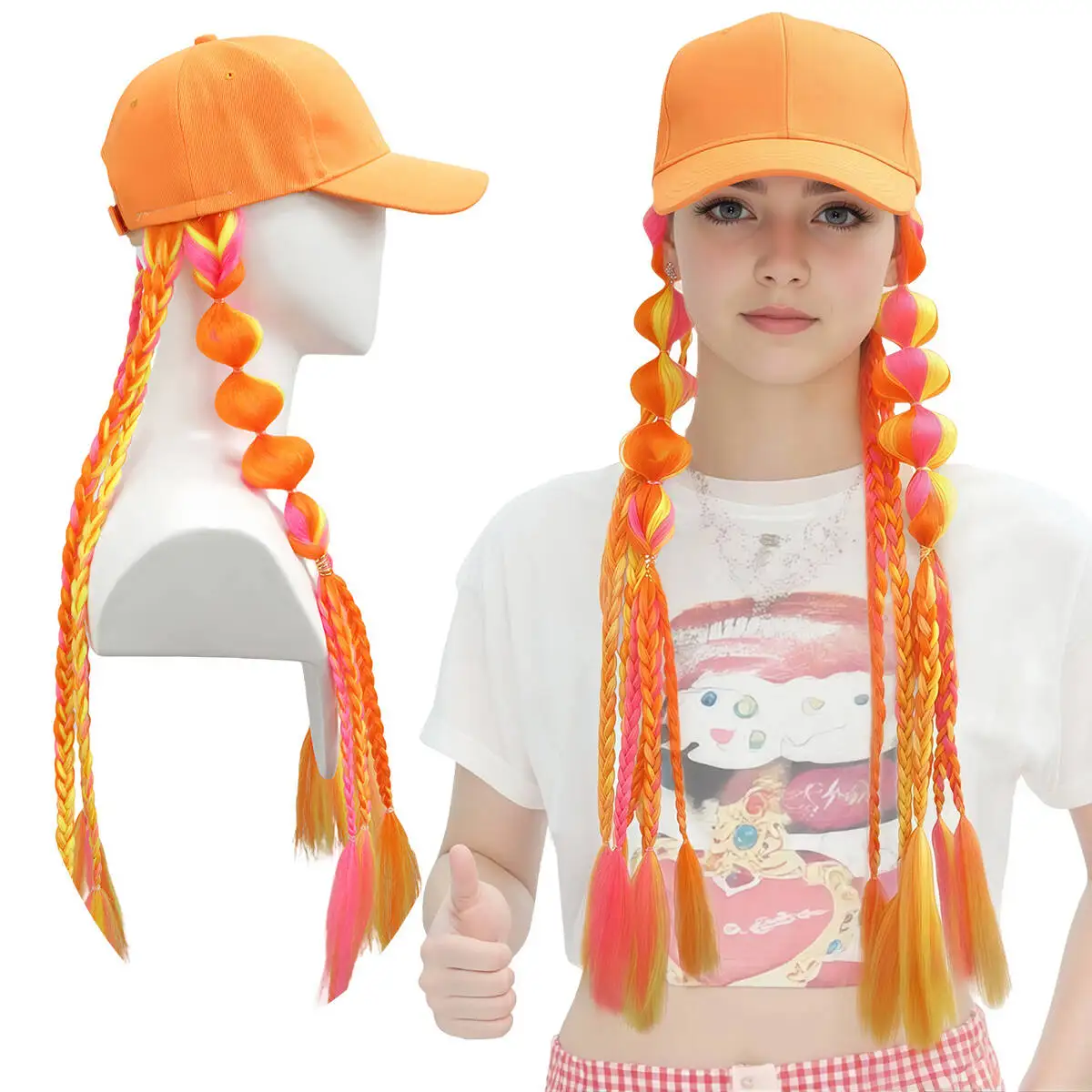 Trendy Color Baseball Cap Wig, Wig Bubble Braid Cap, Detachable Cap-Wig Integrated Design, Street Rock Sweet-Cool Style