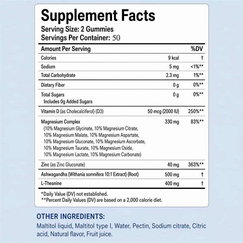 100pcs Magnesium Complex 14 in 1 Gummies with Ashwagandha L Theanine D3 Zinc Daily Nutrition Supplement Sleep Calm Support