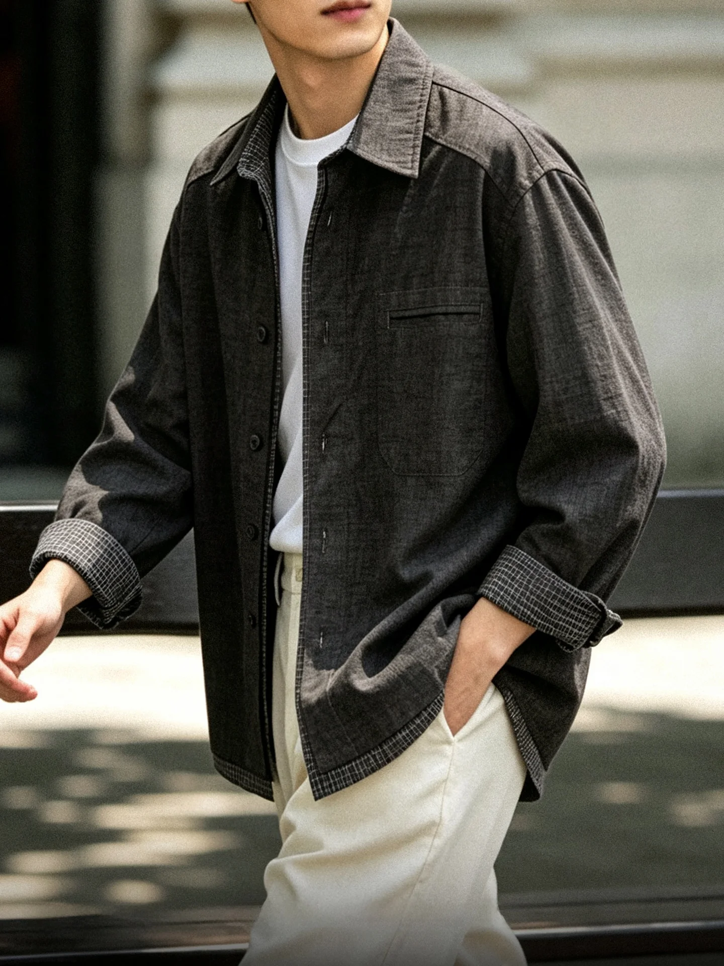 Casual Loose Long Sleeve Men's Shirt Phony Two-Piece Style Pure Cotton Comfortable Breathable Spring Autumn Wear for Youth