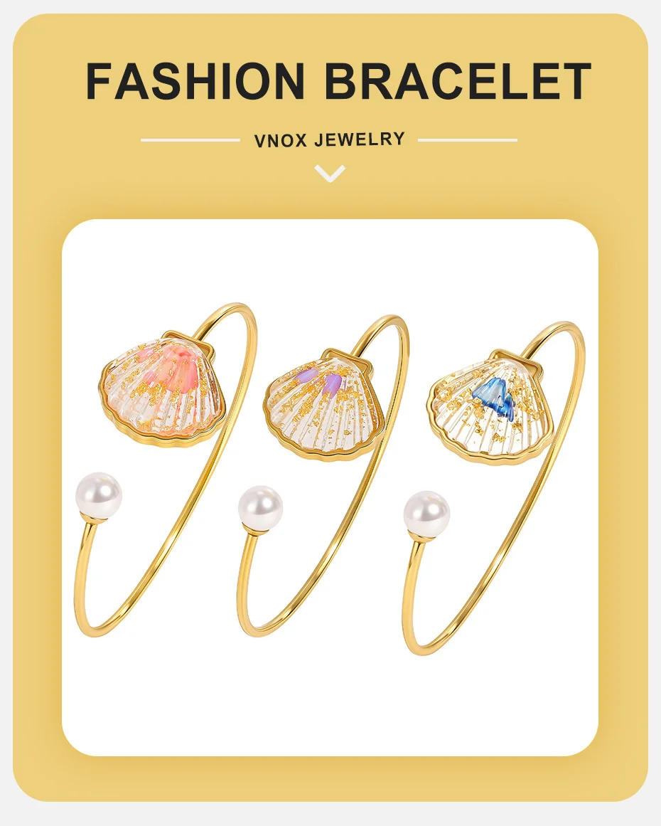 Vnox Boho Buntes Harz-Muschel-Imitat-Perlen-Armband für Frauen, Emaille-Manschette, Niedlicher Armreif, Ozean-Strand-Urlaubsschmuck – Detail 1