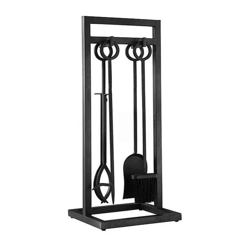 European floor-to-ceiling wrought iron fireplace, tool display stand, fire tongs, brush, fire iron rod bracket, new home