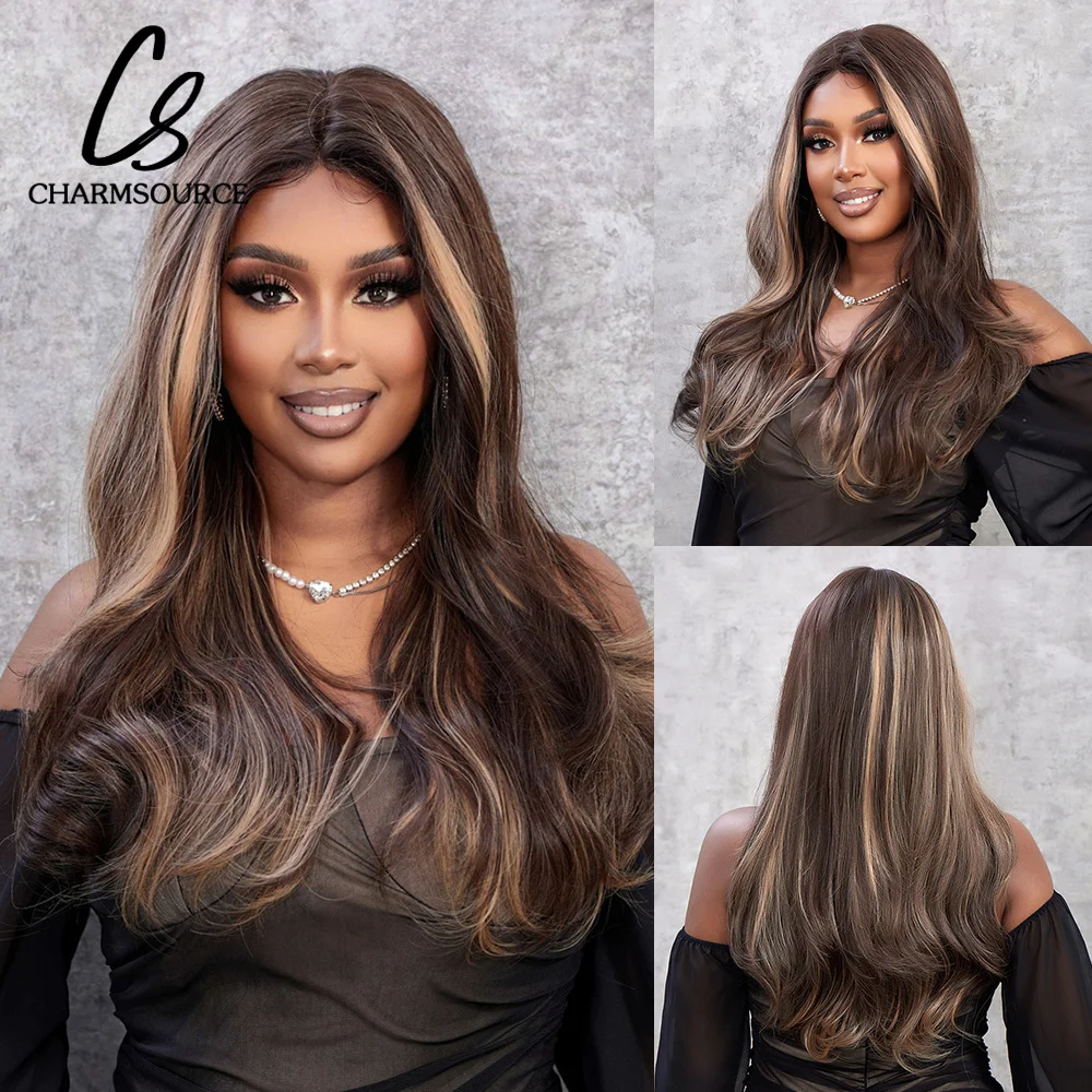 

CharmSource Synthetic Lace Front Wigs Brown Blonde Wigs Long Wavy Wigs for Women Cosplay Party High Density Resistant Hair