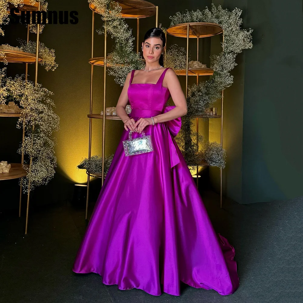 

Sumnus Simple Purple Evening Dresses Satin Arabic Dubai Square Collar Women Long Formal Party Dress Special Occasion Party Dress