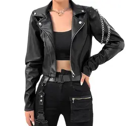 Vangull Faux Leather Cropped Jackets Women Punk Black Coat Woman Gothic Long Sleeve Overcoat With Chains Outwears Tops