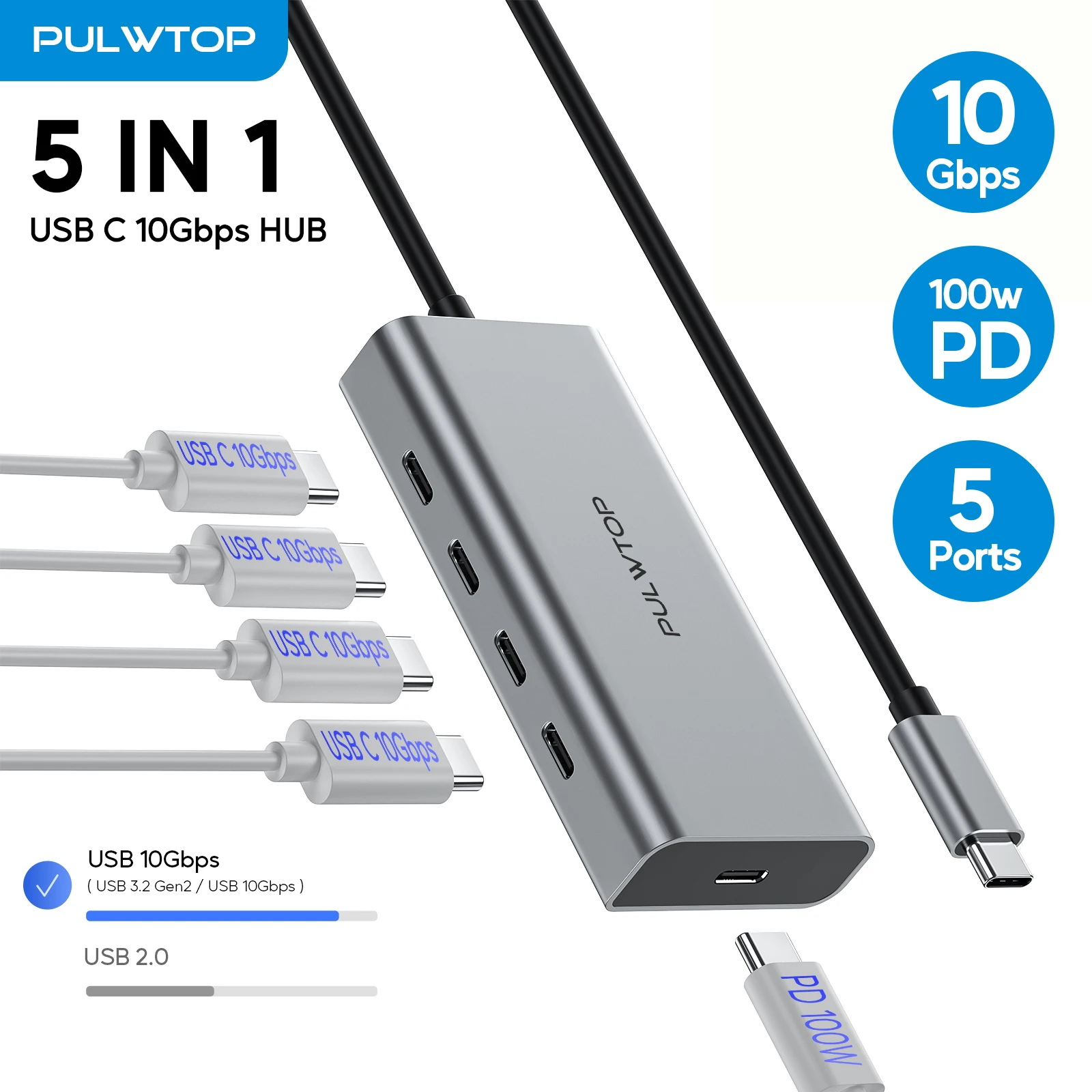 

PULWTOP 5 Port USB C Hub, 10Gbps Data Transfer, 100W PD Charging, USB C Hub Multiport Adapter for MacBook, Chromebook, iMac, XPS