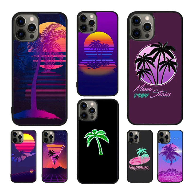 80s Retrowave Neon Palms Tree Phone Case For iPhone 16 15 14 11 12 13 mini Pro  XR XS MAX Plus coque Cover Shell