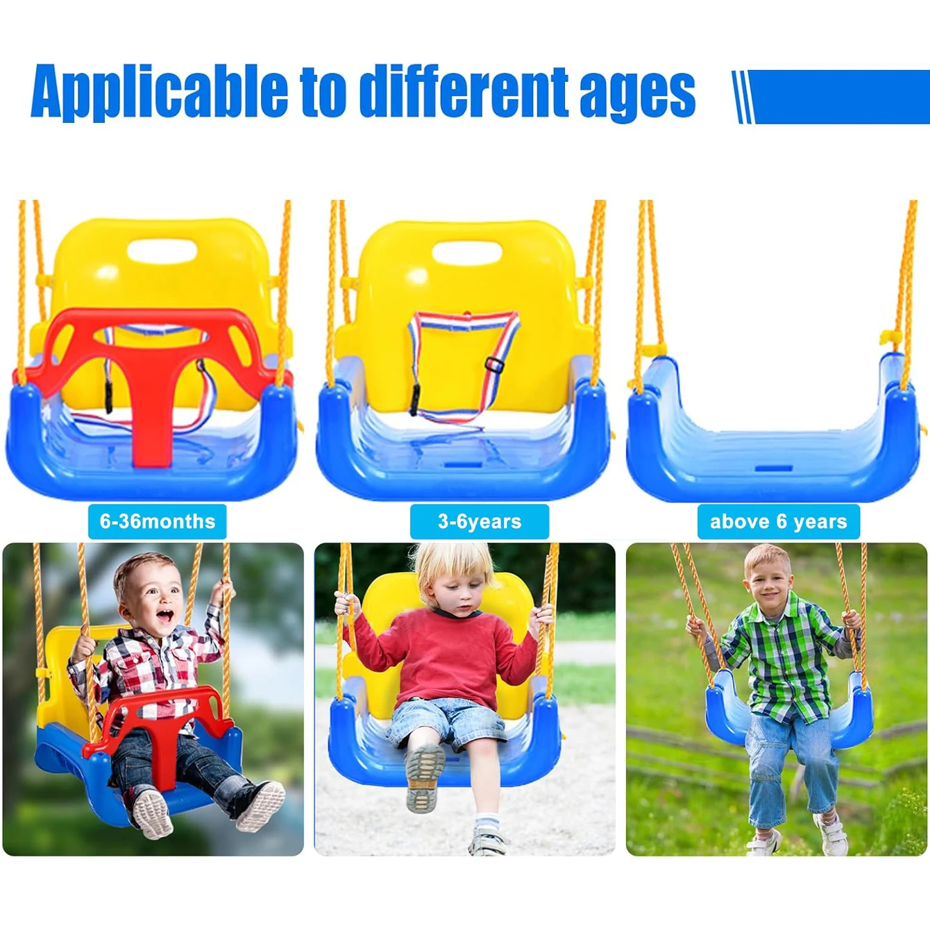 3-in-1 Baby Swing Seat Toddler Swing, Anti-Flip Snug & Secure Detachable Infants to Teens Kids Swing Seat for Outside Playground