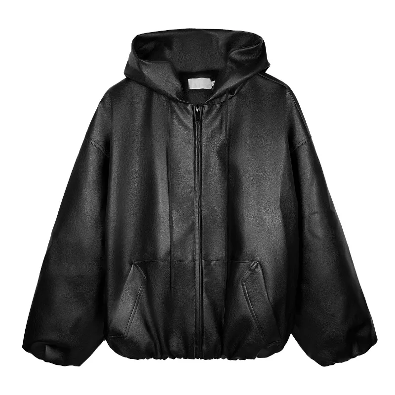 

American Vintage Commute Short Styles Leather Jacket Black Soft PU Coats Men with Hood Zip Loose Casual Fashion Baseball Uniform