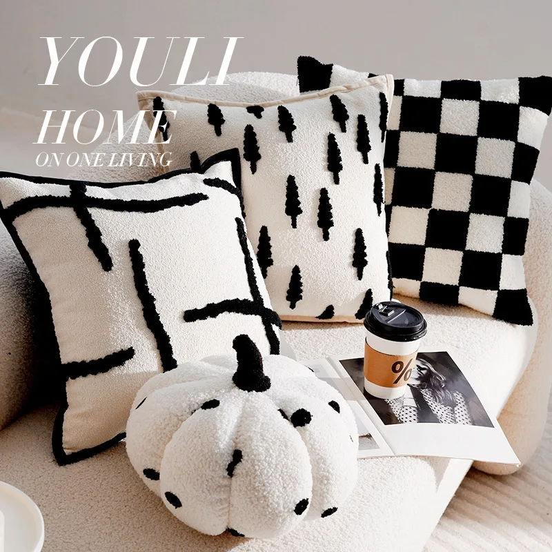 

30x50/45x45cm French Forest Black and White Checkerboard Throw Pillow Cover Sofa Living Room Cushion Cover Couch Pillowcase