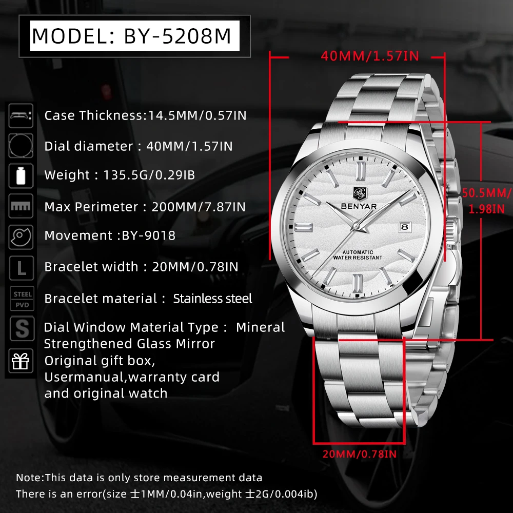 BENYAR 2024 Sand Dia 40MM Hot Sale Mechanical Watches 316L Stainless Steel Simple 5Bar Waterproof Automatic Wristwatch for Men 
