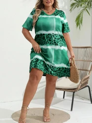 Plus Size Women's Casual Dress Dye Leopard Short Sleeve V Neck Slight Stretch Dress Summer