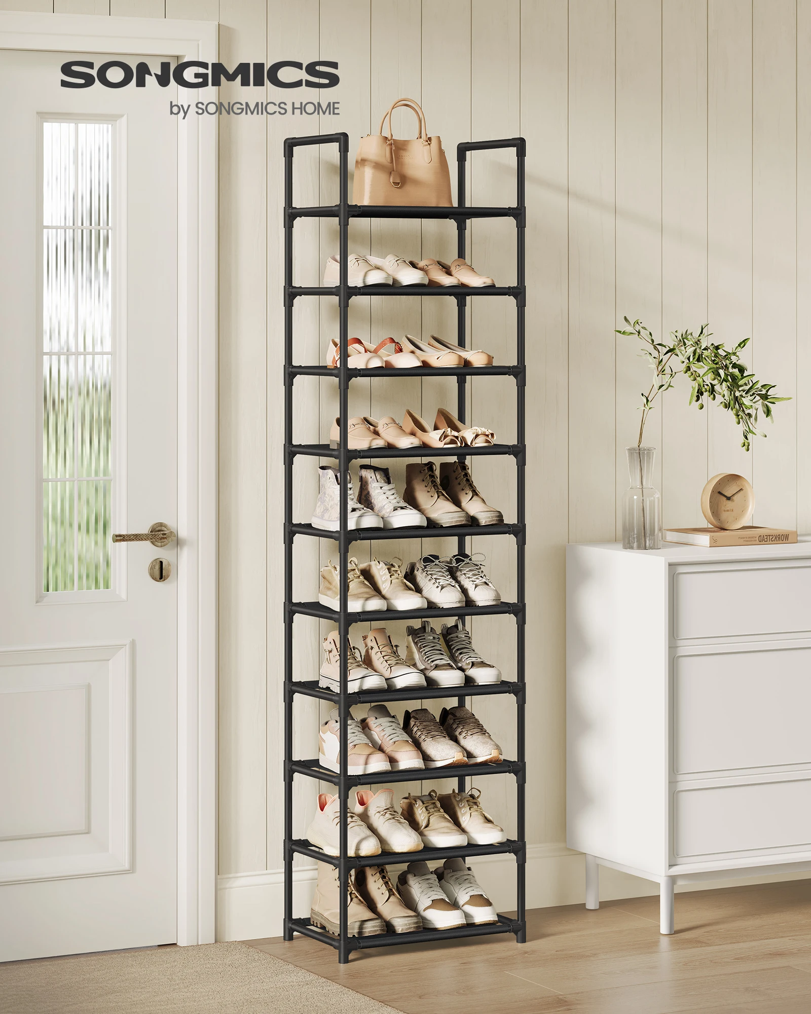 SONGMICS Zapatero, Organizador Zapatos,10 Baldas, Zapatero Abierto Estrecho, 28 x 45 x 173 cm, Marco de Metal, Estantes de Tela no Tejida, para Pasillo, Dormitorio, Negro/Gris