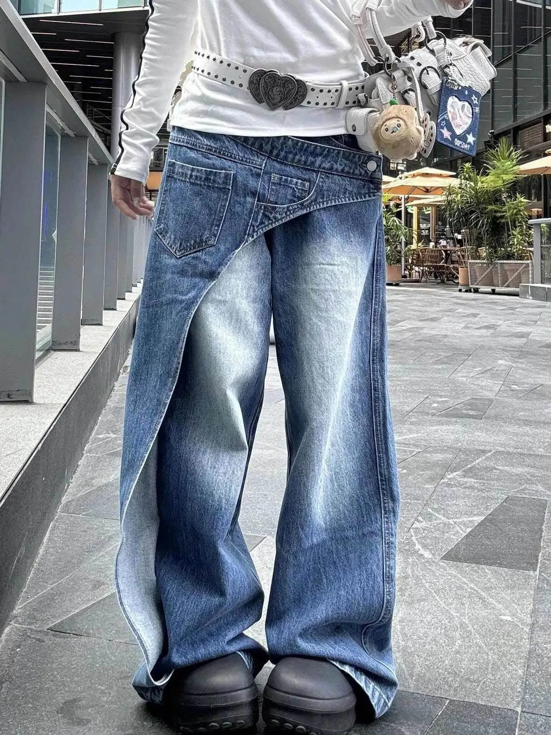 

American street large size washed deconstruction oblique spell dislocation design jeans women's loose straight drape pants tide