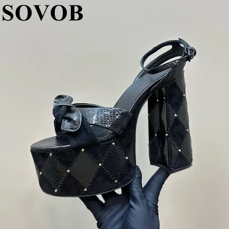 Summer New Hick Bottom Square Heel Shiny Crystal Sandals Women's Genuine Leather Bow Ankle Strap Sandalias Party Dress Shoes