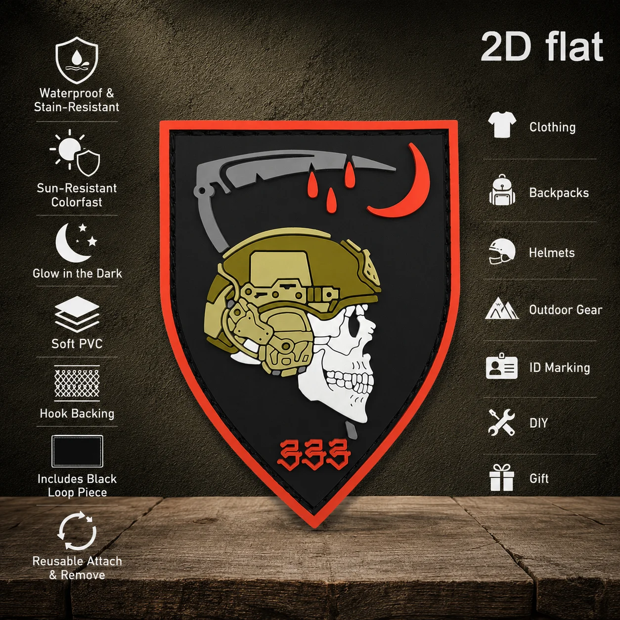 Dark Skull Helmet Tactical Star Crescent Decoration Design, 2D Flat Pvc Material, with Luminous Effect, Magic Tape Patch, Free Backing Cloth, Optional Sizes, 1Pc/2Pcs/3Pcs, Waterproof and Sun-Resistant, Outdoor Tactical Backpack Soft Rubber Decorative Patch