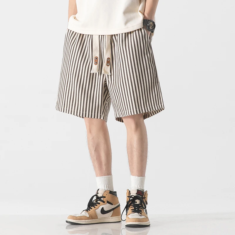 Korean Simplicity Summer Casual Shorts Men\'s Striped Elastic Waist Drawstring Pockets Youthful Vitality Loose Knee Length Pants