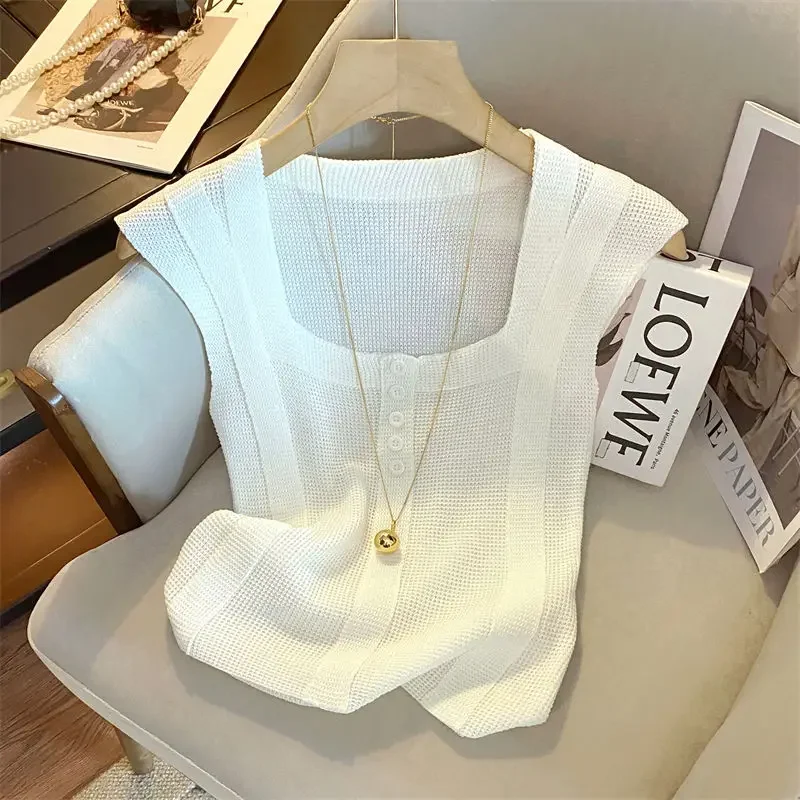 New Summer Cropped Tank Top Women's Innertank Sweet Spicy Petite Sleeveless Outer Wearvest Square Collar Knit Top