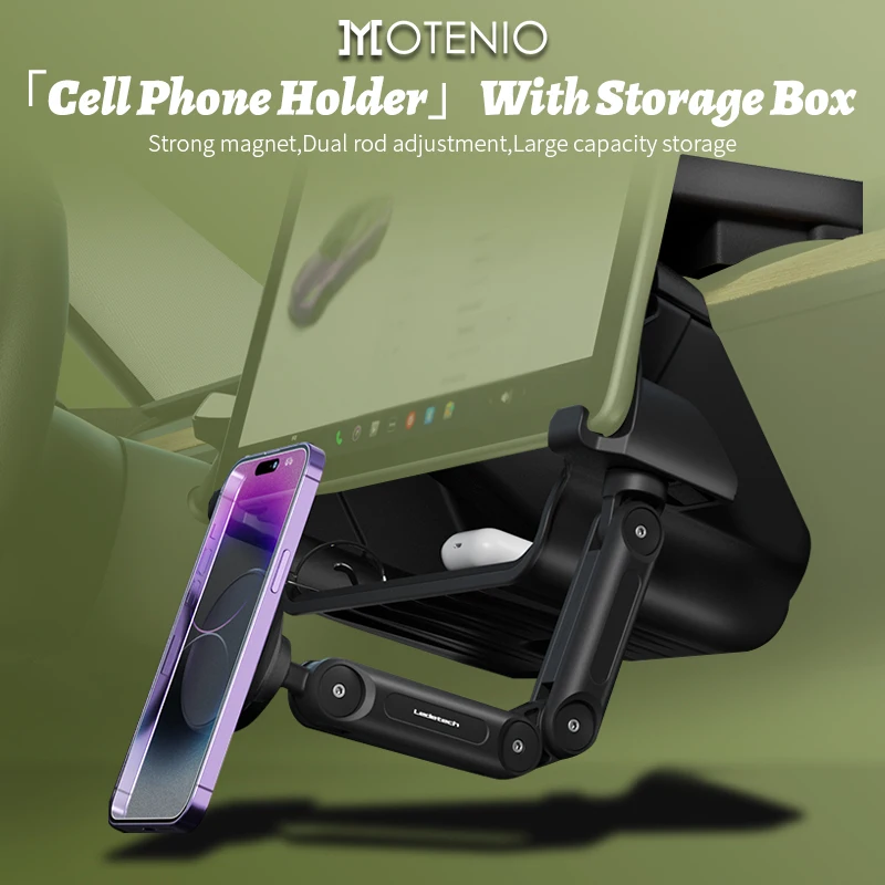 

MOTENIO Cell Phone Holder With Storage Box Foldable Wireless Magnetic Hoder Dual Rod Adjustment Design for TESLA Model 3/Model Y
