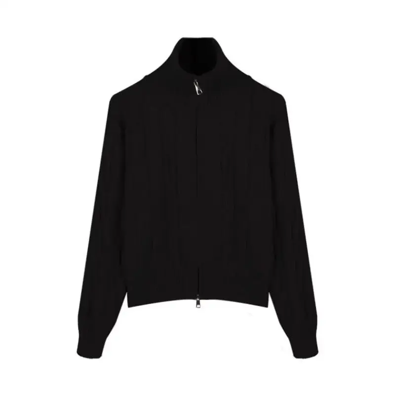 เสื้อคาร์ดิแกนไหมพรมคอสูงแบบซิปคู่สำหรับผู้หญิง ฤดูใบไม้ร่วงและฤดูหนาว