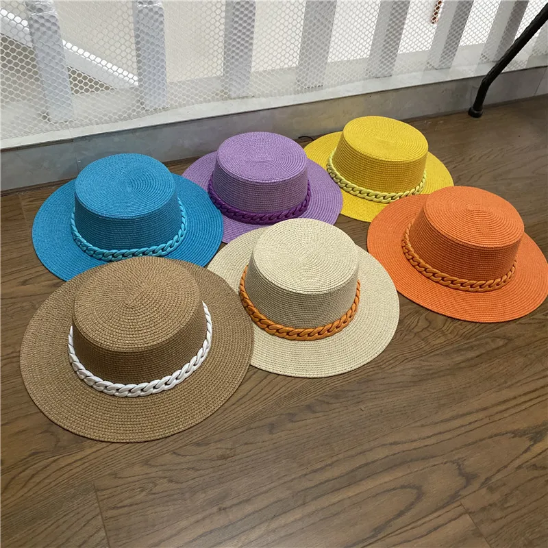 Summer women hat new adjustable flat top men\'s and women\'s straw hat fedora sun hat beach hat jazz fluorescent yellow jazz