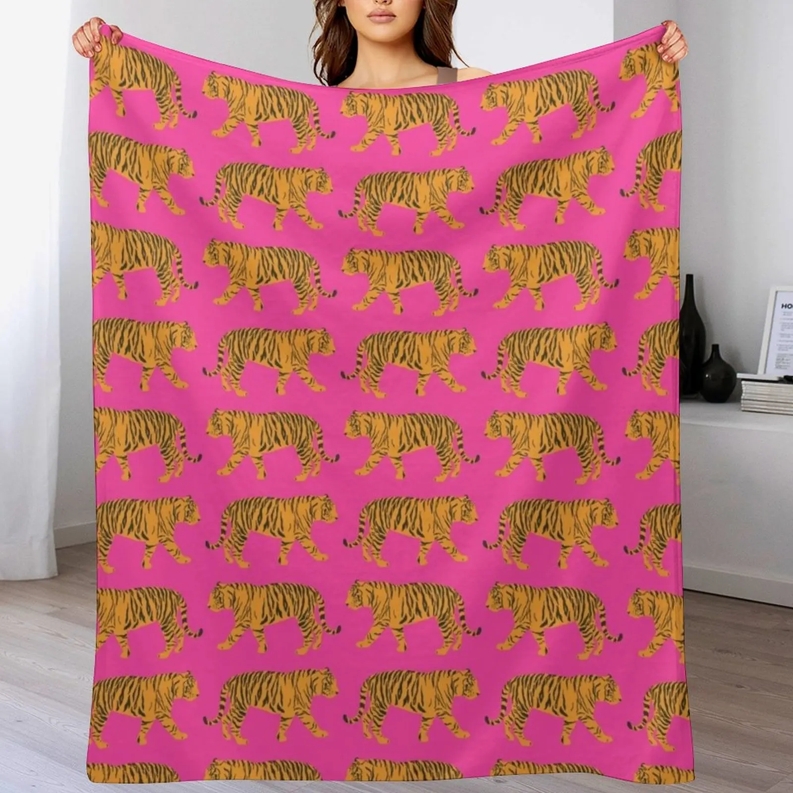 Hot Pink and Orange Bengal Indian Tiger Print Pattern Throw Blanket