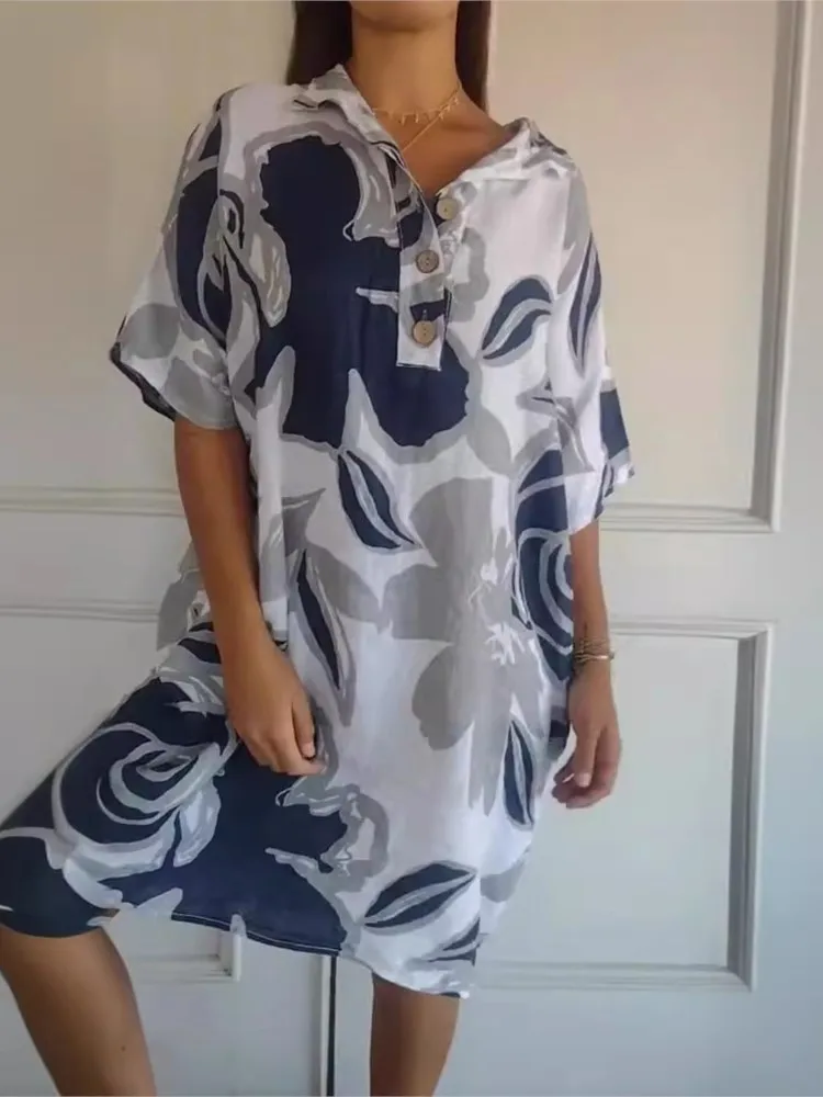 

Summer Cotton And Linen Printed Dress Women's Intellectual Style Fashion Loose Waist Comfortable Casual Polo Collar Button Dress