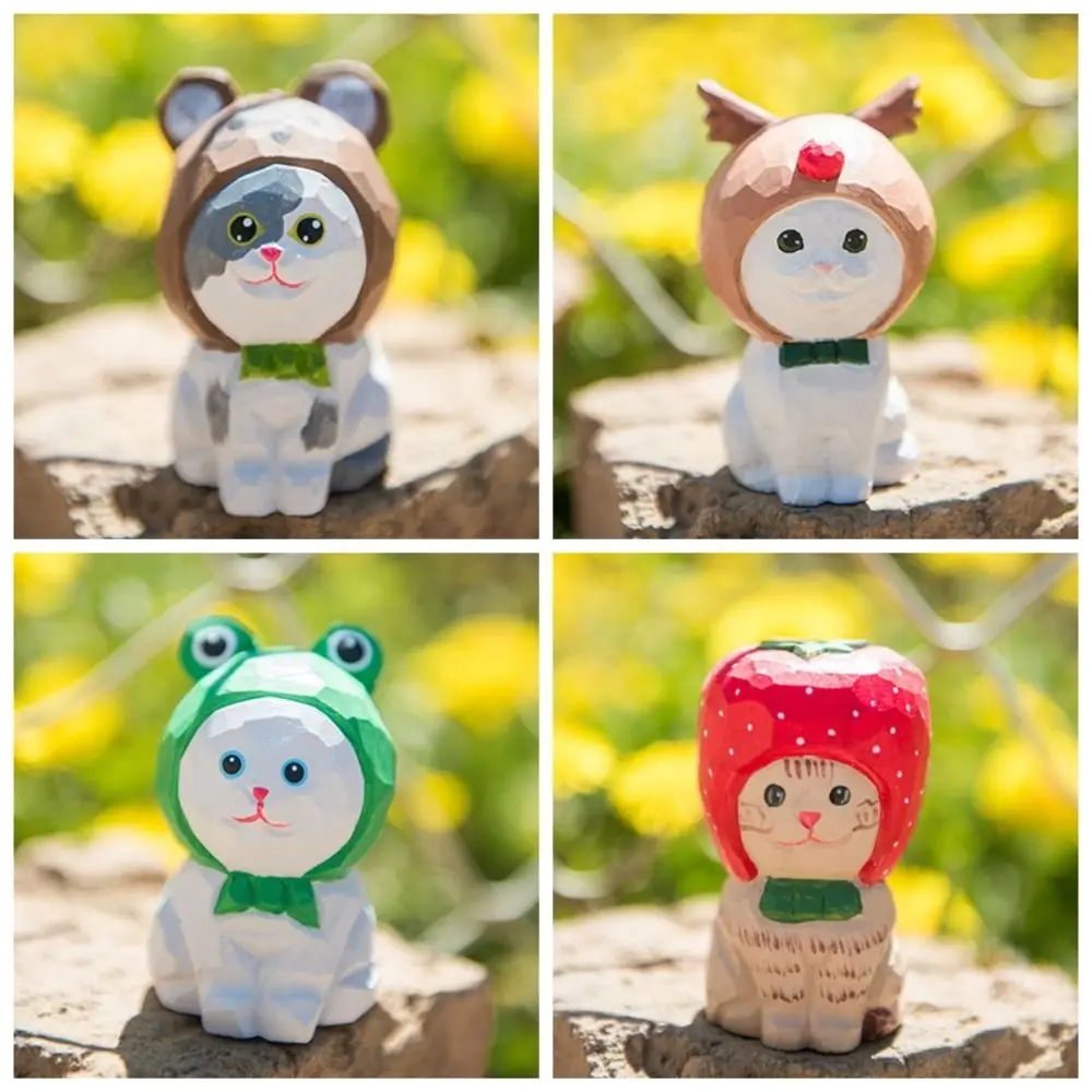 

Solid Wood Wood Carving Cat Ornament Handmade Simple Style Painted Cartoon Cat Sculpture Cute Small