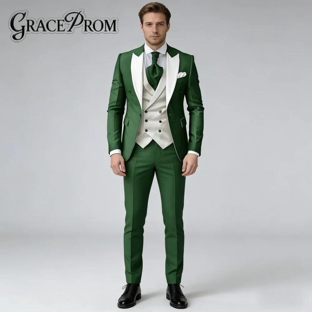 Green White Contrast Color For Men Wedding Formal Shawl Lapel 3PCS Suit Groom Suit Set Jacket Vest Pants Occasion Customized