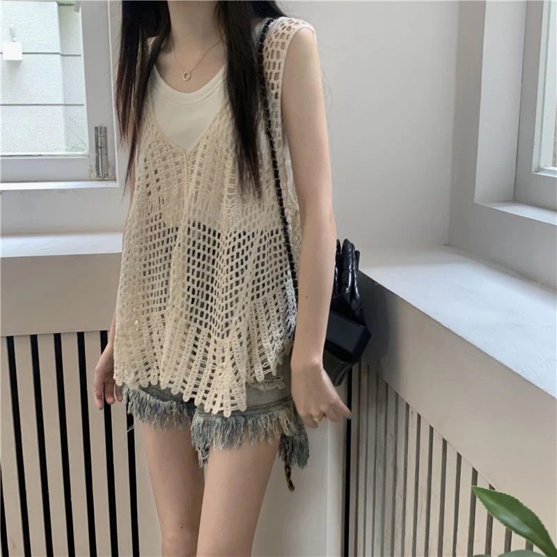 Streetwear canotta scava fuori donna Vintage scollo a V senza maniche Camis Summer Harajuku coreano allentato tutto abbinato canotta Top nuovo