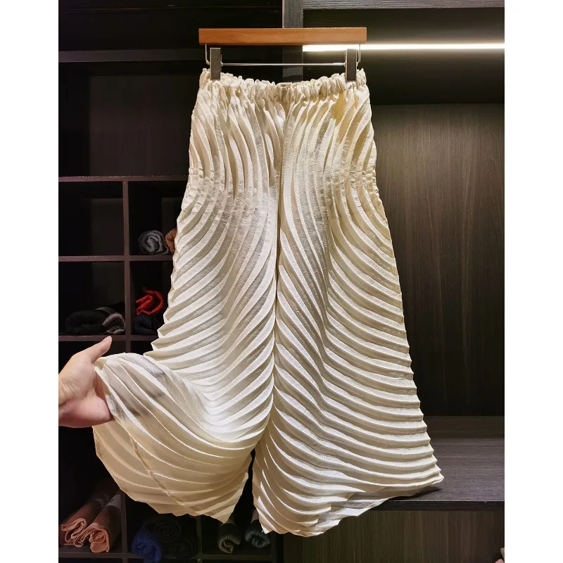 

Плиссированные брюки Miyake, однотонные, женские, дизайн 2026, свободные широкие брюки с плиссировкой, универсальные, укороченные (длиной 7/8)