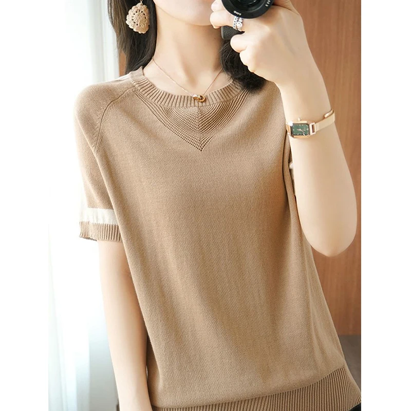 Summer New Round Neck Patchwork Knitting Pullover Top Women Short Sleeve Loose Casual All-match T-shirt Ladies Oversized Tees