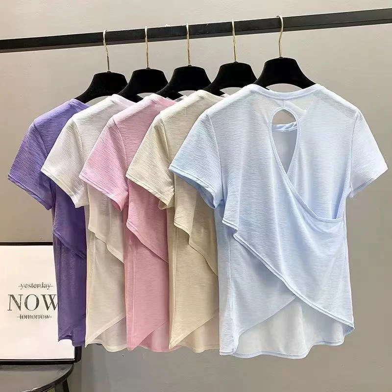 Women's Backless Hollow Cross Thin Mesh Yoga T-Shirt Short Sleeved Slimming Fitness Cover Shirt 2025 New Arrival