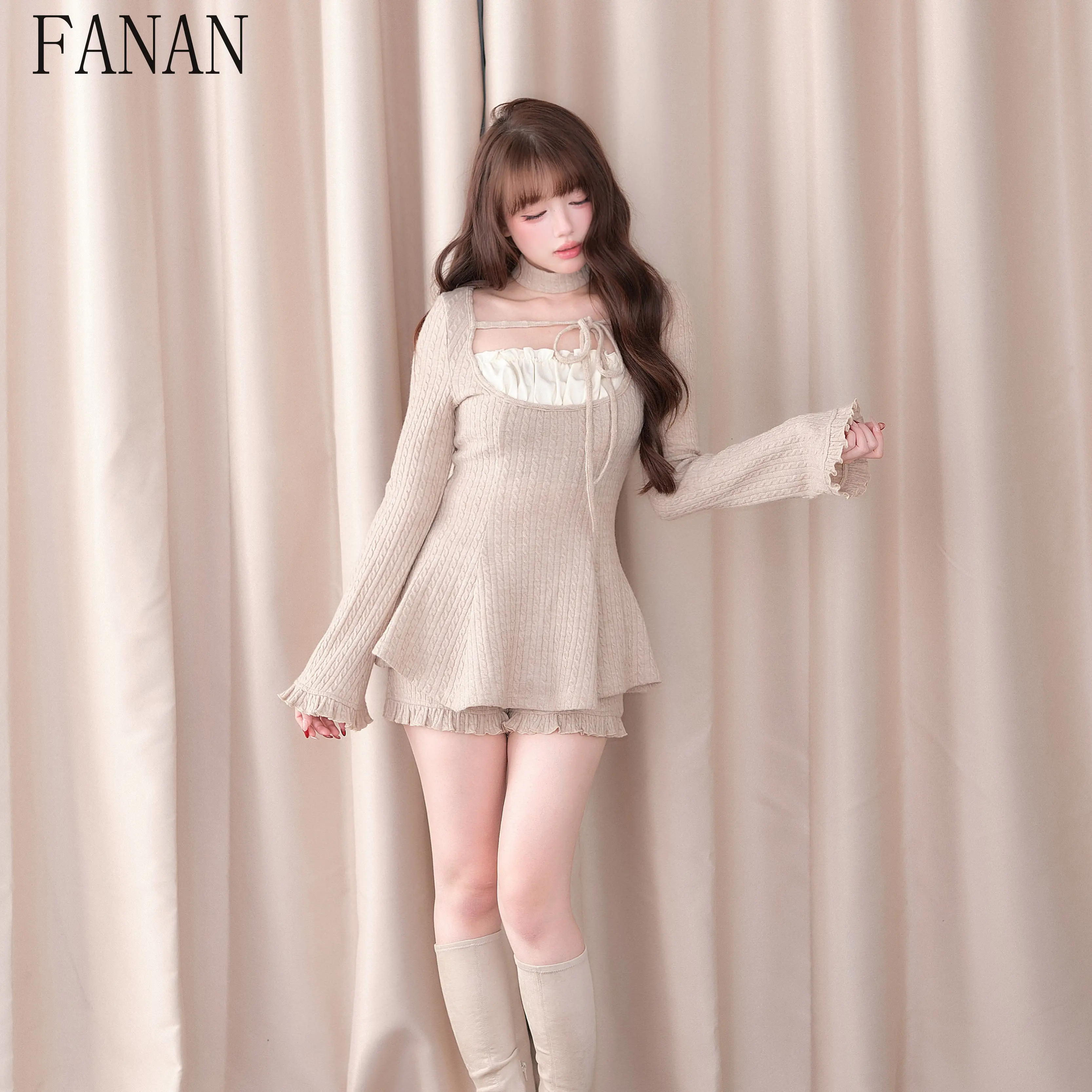 Japanese Style Ribbed Knitted Dress and Shorts Set Fashion Two-Piece Sets for Women Mass-Produced Casual Suit Spring Autumn