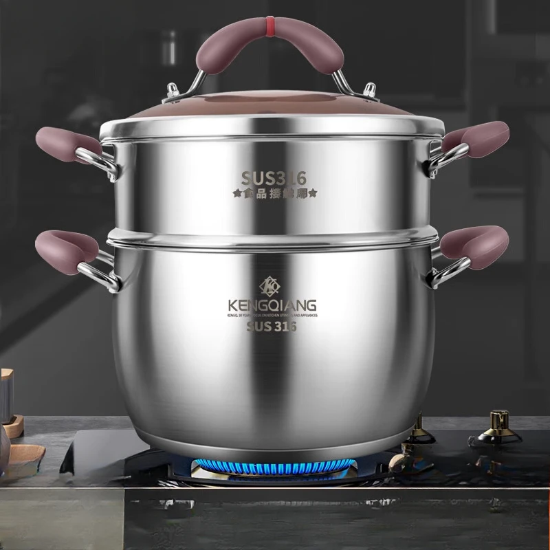 Stainless Steel Soup Pot 316 Food Grade Thickened with Steamer Induction Cooker Heightened and Deepened Binaural Stew Pot