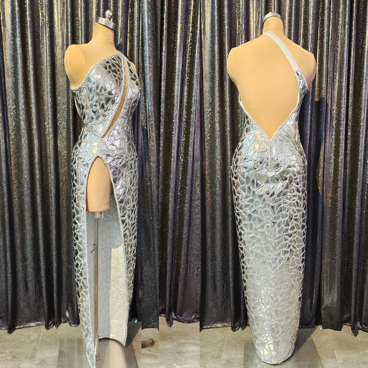 

Silver Mirror Sequins Evening Dresses Sexy Off-Shoulder Slit Dress Singer Dancer Stage Costume Rave Festival Clothing