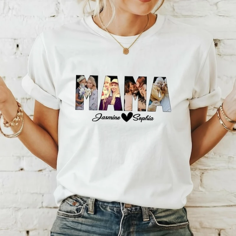 With Kids Name Custom Photo Mama Shirt Personalized Mothers Day Gift Best Mom Ever Birthday Fashion Casual Printed T-shirt Tops