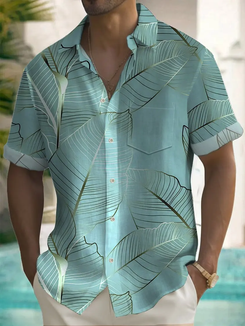 Chemise hawaïenne à manches courtes pour hommes, imprimé cuir chevelu doré, bouton botanique, mode de rue, été, 2024