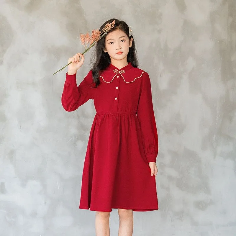 

Новое поступление, новое красное винтажное стильное платье принцессы в китайском стиле для девочек, осень-зима, средние и большие размеры для 7, 10 лет